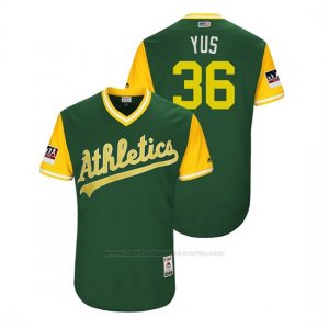 Camiseta Beisbol Hombre Oakland Athletics Yusmeiro Petit 2018 Llws Players Weekend Yus Green