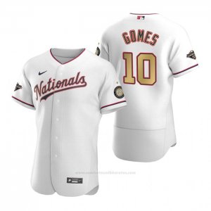 Camiseta Beisbol Hombre Washington Nationals Yan Gomes Gold-Trimmed Championship Autentico Blanco