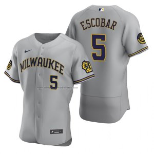 Camiseta Beisbol Hombre Milwaukee Brewers Eduardo Escobar Autentico Road Gris