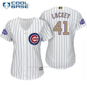 Camiseta Beisbol Mujer Chicago Cubs 41 John Lackey Blanco Oro Program Cool Base