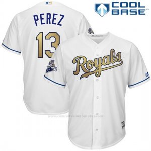 Camiseta Beisbol Hombre Kansas City Royals Salvador Perez 13 World Series Campeones Oro Program Blanco Cool Base