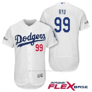 Camiseta Beisbol Hombre Los Angeles Dodgers 2017 Postemporada Hyun Jin Ryu Blanco Flex Base