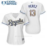Camiseta Beisbol Mujer Kansas City Royals 13 Salvador Perez Blanco 2017 Cool Base