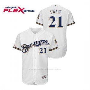 Camiseta Beisbol Hombre Milwaukee Brewers Travis Shaw 150th Aniversario Patch Autentico Flex Base Blanco