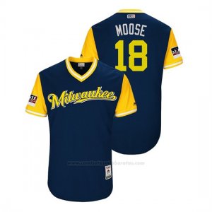 Camiseta Beisbol Hombre Milwaukee Brewers Mike Moustakas 2018 Llws Players Weekend Moose Azul