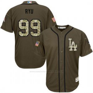 Camiseta Beisbol Hombre Los Angeles Dodgers 99 Hyun Jin Ryu Verde Salute To Service