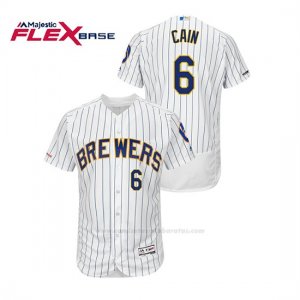 Camiseta Beisbol Hombre Milwaukee Brewers Lorenzo Cain 150th Aniversario Patch Autentico Flex Base Blanco Azul