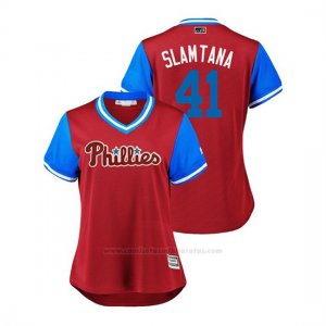 Camiseta Beisbol Mujer Philadelphia Phillies Carlos Santana 2018 Llws Players Weekend Slamtana Scarlet