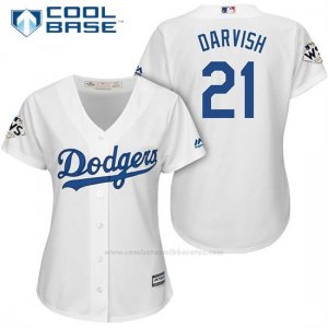 Camiseta Beisbol Mujer Los Angeles Dodgers 2017 World Series Yu Darvish Blanco Cool Base