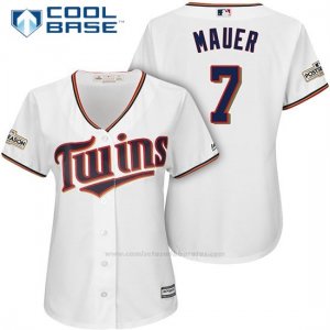 Camiseta Beisbol Mujer Minnesota Twins 2017 Postemporada Joe Mauer Blanco Cool Base