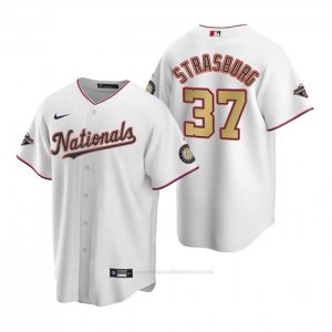 Camiseta Beisbol Hombre Washington Nationals Stephen Strasburg Gold-Trimmed Championship Replica Blanco