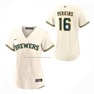 Camiseta Beisbol Mujer Milwaukee Brewers Blake Perkins Primera Replica Crema