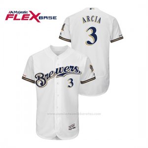 Camiseta Beisbol Hombre Milwaukee Brewers Orlando Arcia 150th Aniversario Patch Autentico Flex Base Blanco