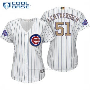 Camiseta Beisbol Mujer Chicago Cubs 51 Jack Leathersich Blanco Oro Program Cool Base