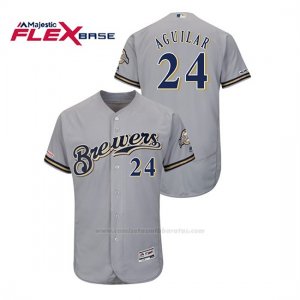 Camiseta Beisbol Hombre Milwaukee Brewers Jesus Aguilar 150th Aniversario Patch Autentico Flex Base Gris