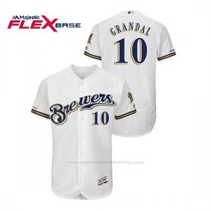 Camiseta Beisbol Hombre Milwaukee Brewers Yasmani Grandal 150th Aniversario Patch Autentico Flex Base Blanco