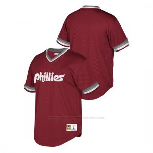 Camiseta Beisbol Hombre Philadelphia Phillies Cooperstown Collection Mesh Wordmark V-Neck Granate