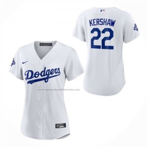 Camiseta Beisbol Mujer Los Angeles Dodgers Clayton Kershaw Primera 2025 World Series Champions Replica Blanco