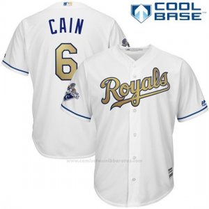 Camiseta Beisbol Hombre Kansas City Royals Lorenzo Cain World Series Campeones Oro Program Blanco Cool Base