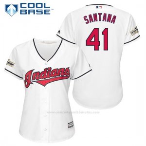 Camiseta Beisbol Mujer Cleveland Indians 2017 Postemporada 41 Carlos Santana Blanco Cool Base