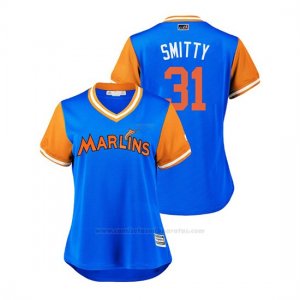 Camiseta Beisbol Mujer Miami Marlins Caleb Smith 2018 Llws Players Weekend Smitty Light Toronto Blue Jays