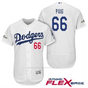 Camiseta Beisbol Hombre Los Angeles Dodgers 2017 Postemporada Yasiel Puig Blanco Flex Base