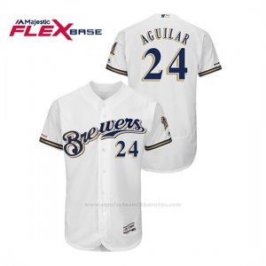 Camiseta Beisbol Hombre Milwaukee Brewers Jesus Aguilar 150th Aniversario Patch Autentico Flex Base Blanco