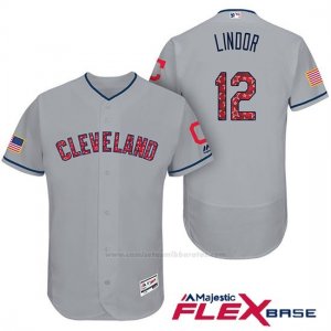 Camiseta Beisbol Hombre Cleveland Indians 2017 Estrellas y Rayas Francisco Lindor Gris Flex Base