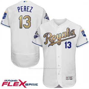 Camiseta Beisbol Hombre Kansas City Royals Salvador Perez World Series Campeones Oro Program Blanco Flex Base