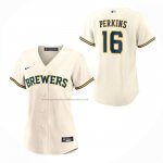Camiseta Beisbol Mujer Milwaukee Brewers Blake Perkins Primera Replica Crema