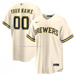 Camiseta Beisbol Hombre Milwaukee Brewers Primera Replica Personalizada Crema1