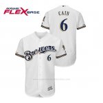 Camiseta Beisbol Hombre Milwaukee Brewers Lorenzo Cain 150th Aniversario Patch Autentico Flex Base Blanco