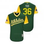 Camiseta Beisbol Hombre Oakland Athletics Yusmeiro Petit 2018 Llws Players Weekend Yus Green