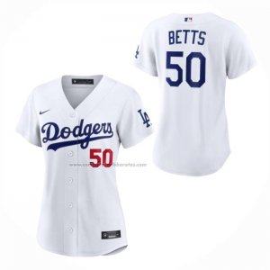 Camiseta Beisbol Mujer Los Angeles Dodgers Mookie Betts Primera Stadium Blanco
