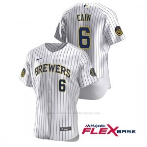 Camiseta Beisbol Hombre Milwaukee Brewers Lorenzo Cain Autentico 2020 Primera Blanco