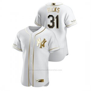 Camiseta Beisbol Hombre New York Yankees Aaron Hicks Golden Edition Autentico Blanco