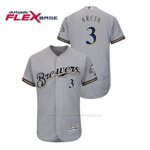 Camiseta Beisbol Hombre Milwaukee Brewers Orlando Arcia 150th Aniversario Patch Autentico Flex Base Gris