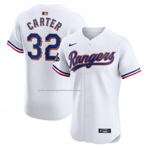 Camiseta Beisbol Hombre Texas Rangers Evan Carter 2024 Oro Collection Elite Blanco