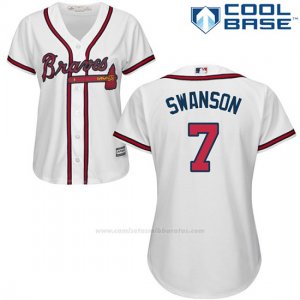 Camiseta Beisbol Mujer Atlanta Braves 7 Dansby Swanson Blanco Cool Base