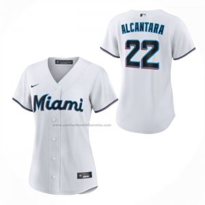 Camiseta Beisbol Mujer Miami Marlins Sandy Alcantara Primera Replica Blanco