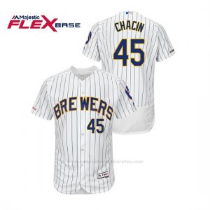 Camiseta Beisbol Hombre Milwaukee Brewers Jhoulys Chacin 150th Aniversario Patch Autentico Flex Base Blanco Azul