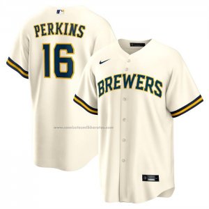 Camiseta Beisbol Hombre Milwaukee Brewers Blake Perkins Primera Replica Crema