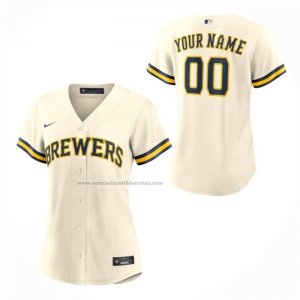 Camiseta Beisbol Mujer Milwaukee Brewers Primera Replica Personalizada Crema