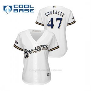 Camiseta Beisbol Mujer Milwaukee Brewers Gio Gonzalez 2019 Postseason Cool Base Blanco