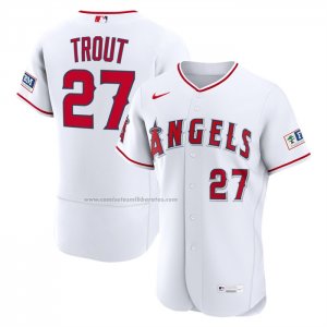 Camiseta Beisbol Hombre Los Angeles Angels Mike Trout Primera Autentico Parche Patrocinador Blanco