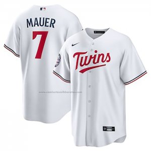 Camiseta Beisbol Hombre Minnesota Twins Joe Mauer Hall of Fame Primera Replica Blanco