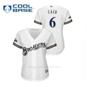 Camiseta Beisbol Mujer Milwaukee Brewers Lorenzo Cain 2019 Postseason Cool Base Blanco