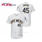 Camiseta Beisbol Hombre Milwaukee Brewers Jhoulys Chacin 150th Aniversario Patch Autentico Flex Base Blanco Azul