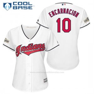 Camiseta Beisbol Mujer Cleveland Indians 2017 Postemporada 10 Edwin Encarnacion Blanco Cool Base