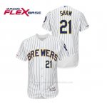 Camiseta Beisbol Hombre Milwaukee Brewers Travis Shaw 150th Aniversario Patch Autentico Flex Base Blanco Azul